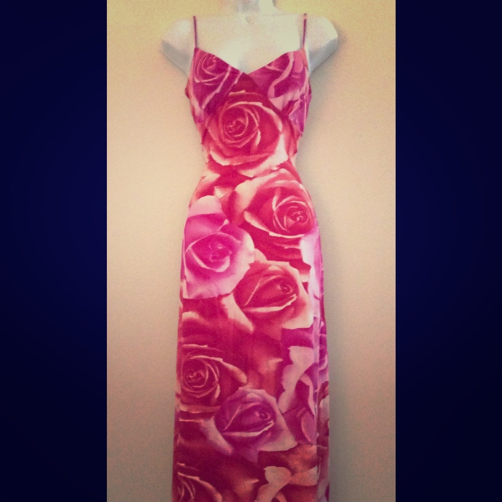 Laundry By Shelli Segal Pink Red Rose Print Slip Dress